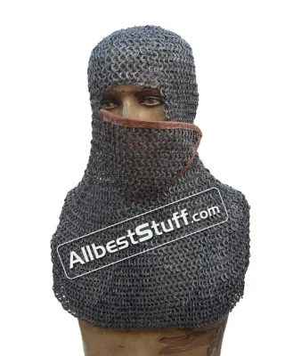 9 MM Full Flat Riveted Chain Mail Hood with Side ventail Coif